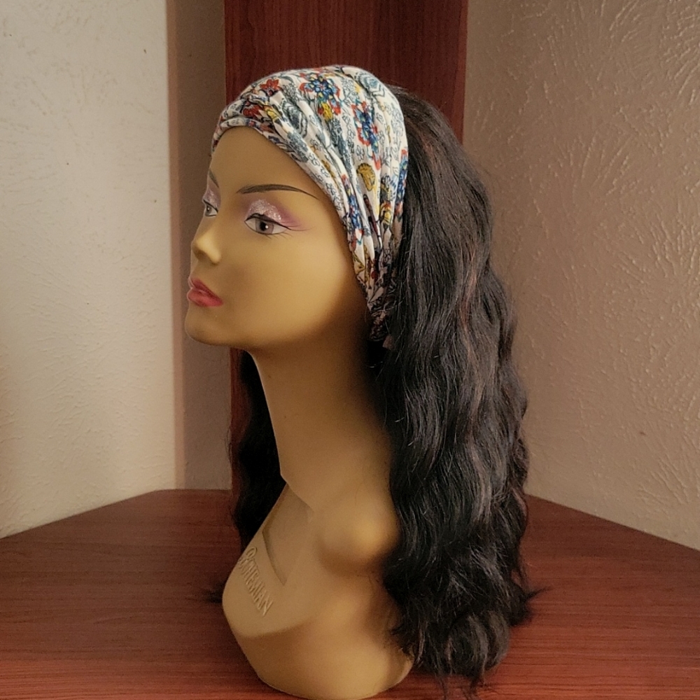 Floral Patterned Headband with Black Wavy Hair